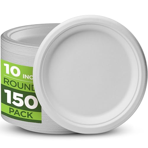 100% Compostable Paper Plates Heavy Duty -150 Pack Biodegradable Disposable Plates - 10 Inch White Disposable Dinner Plates Made of Eco-Friendly, Natural Sugarcane Bagasse, Microwavable Plates Bulk