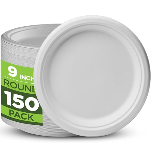 100% Compostable Paper Plates Heavy Duty -150 Pack Biodegradable Disposable Plates - 9 Inch White Disposable Dinner Plates Made of Eco-Friendly, Natural Sugarcane Bagasse, Microwavable Plates Bulk