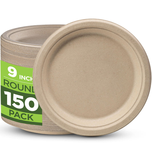 100% Compostable Paper Plates Heavy Duty - 150 Pack Biodegradable Disposable Plates – 9” Brown Disposable Dinner Plates Made of Eco-Friendly, Natural Unbleached Sugarcane Bagasse, Microwavable Plates